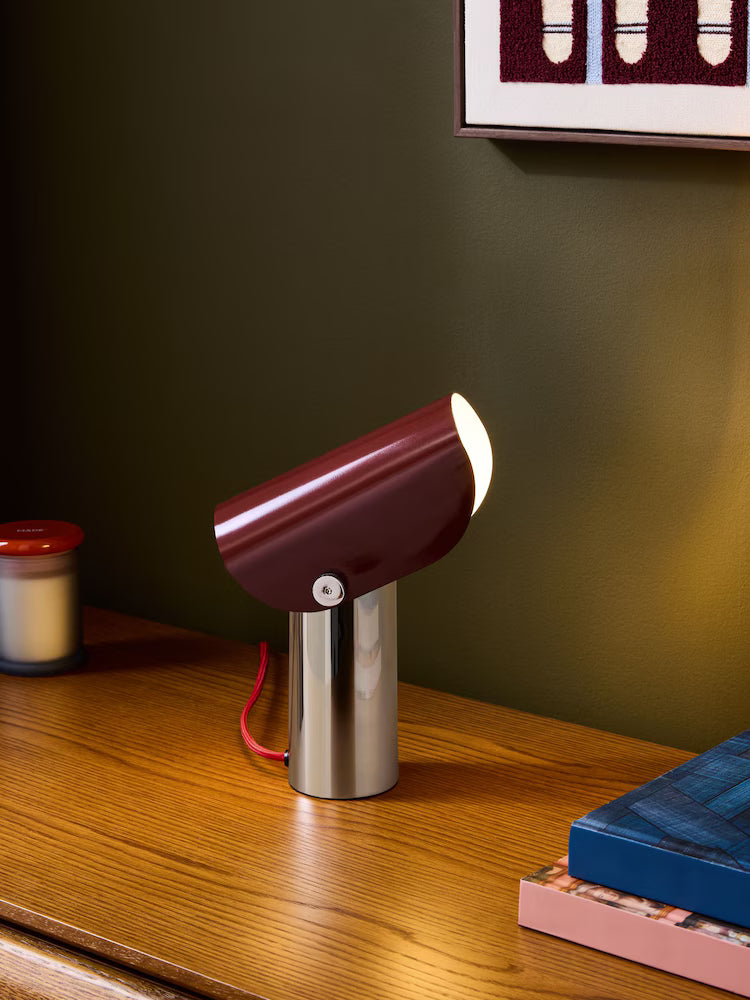 Curve Table Lamp in Chrome & Burgundy