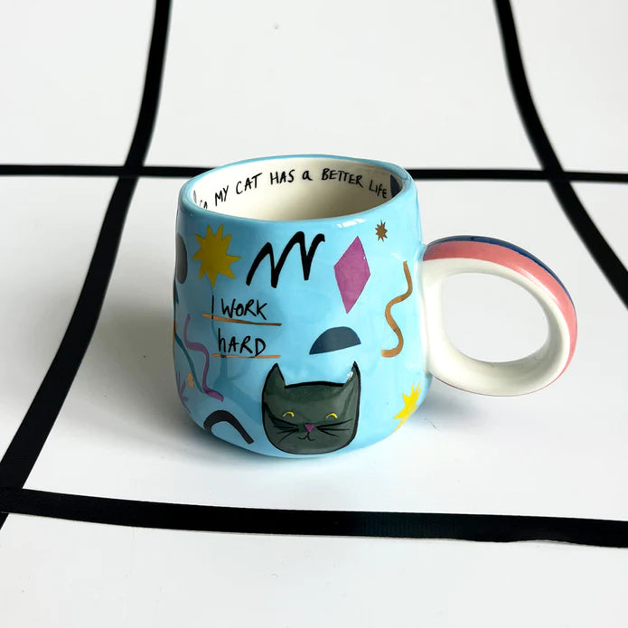 I Work Hard Cat Blue Ceramic Mug