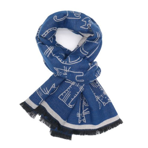 Sketched Cats Woven Scarf Navy
