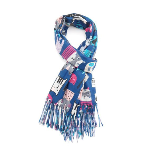 Artsy Cats Illustrated Denim Blue Scarf
