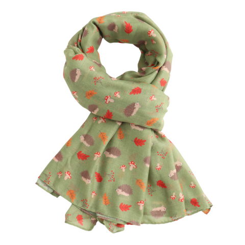 Autumn Hedgehogs Green Scarf