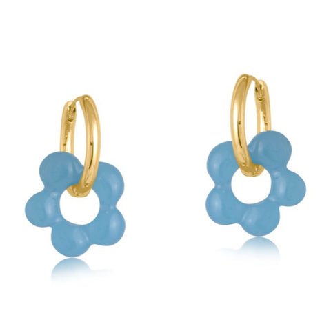 Blue Flower Beaded Huggie Hoop Earrings