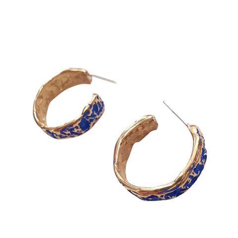 Bronze & Blue Painted Hammered Mini Hoop Earrings