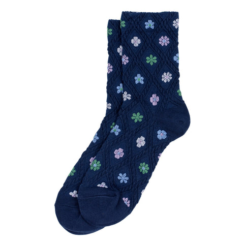 Embossed Floral Emblem Navy Socks