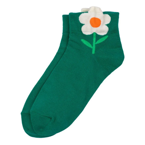 Big Flower Teal Green & White Ankle Socks