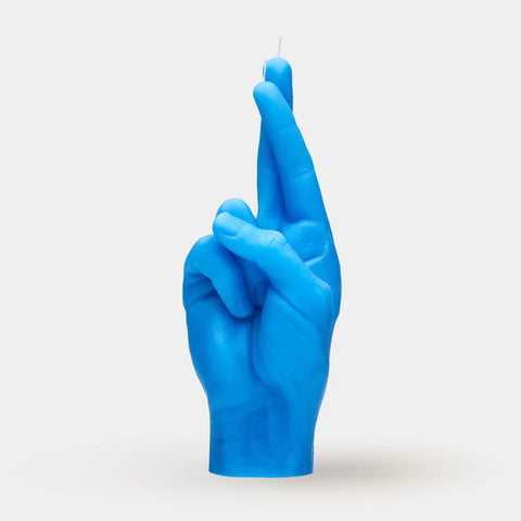 Crossed Fingers Blue Candle Hand