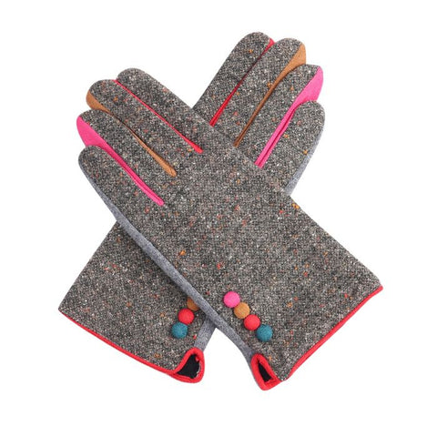 Grey Tweed Gloves with Multicolour Trim & Button Detail