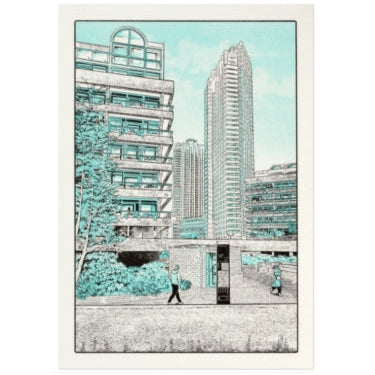 A5 Risograph Print Cat Sims green and grey Barbican Towers