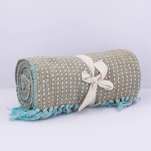Tan & Blue Retro Woven Cotton Throw